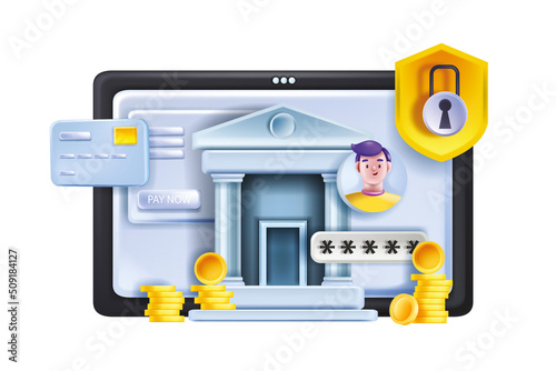 3D online banking vector concept, digital finance payment, internet money pay app service, coin stack. Secure business account, credit card, tablet screen, bank building, user avatar. Online banking