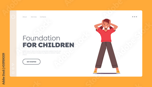 Foundation for Children Landing Page Template. Shocked Little Yelling Holding Head with Hands, Girl Astonished Emotion