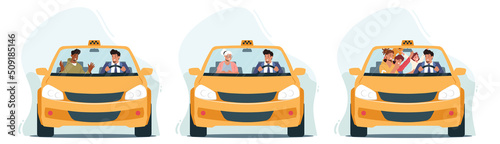 Set of Characters Use Taxi Service. Customers or Clients and Driver in Cab View Through Windshield. Family with Children