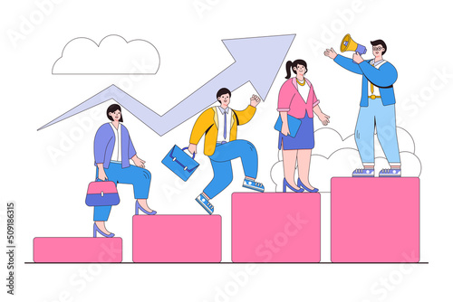 Business leadership and visionary to lead corporate success, career direction, or job achievement concepts. Leader businessman leading team with megaphone and climbing up on bars of graph chart