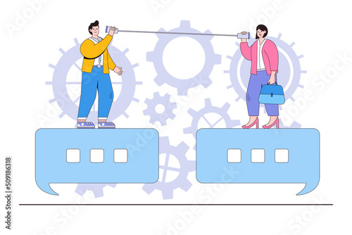 Communication or work discussion, sending message or telling new idea, conversation to gather information, and discussing solution concepts. Businessman and businesswoman communicate using tin cans