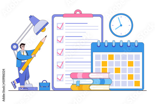 Project tracking, time management, goal tracker, task completion, or checklist to remember project progress concepts. Businessman put marks into check boxes and filling checklist on huge clipboard
