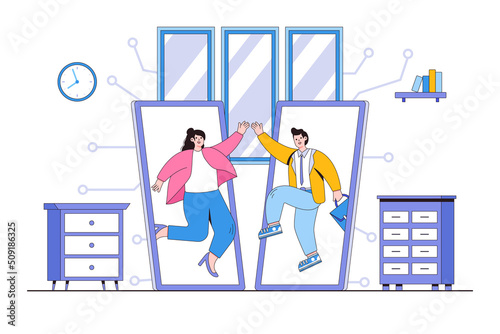 Virtual high five for success collaboration, remote working or online greeting for company achievement, online video conference concepts. Businessman and businesswoman hi five from mobile phone