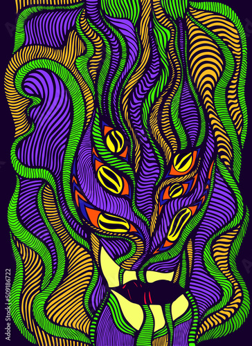 Abstract surreal face with waves patterns. Psychedelic colorful fantasy anthropomorphic face.