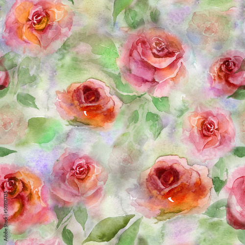 Beautiful abstract rose on colored watercolor background. Seamless floral pattern, border. Watercolor painting. Hand drawn illustration. Design for fabric, wallpaper, greeting card design