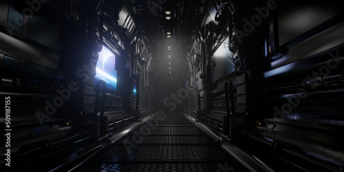 Fototapeta light in the tunnel corridor in a sci-fi building