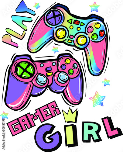 typography print for girls.  background with pink joystick and slogan 

