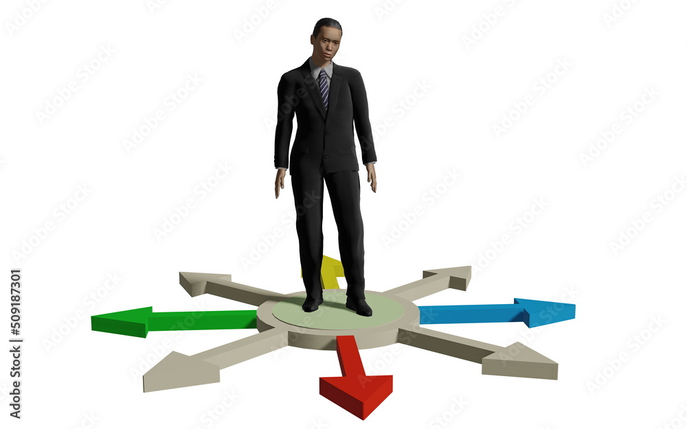 Business and purpose. A man in a business dark suit with an Asian tie looks at the arrows symbols of development. A businessman is looking for ways to develop his start-up business. 3d render Business and purpose. A man in a business dark suit with an Asian tie looks at the arrows symbols of development. A businessman is looking for ways to develop his start-up business. 3d render
