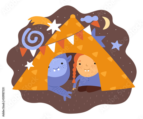 Children dreams. Little dreamer with fictional friends. Monster and kid play in tent. Bizarre alien creature. Girl and imaginary animal. Playful kid in teepee. Vector babies imagination