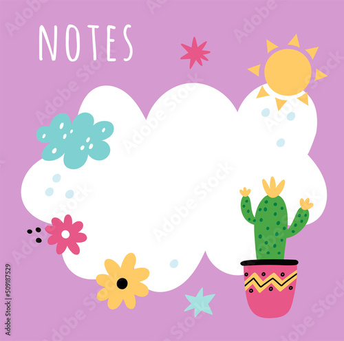 Cute llamas weekly planner. Note paper design with flowers and sun. Blank reminder page. Alpaca desert plant. Diary card. Funny clouds and houseplant. Vector organizer notepaper template