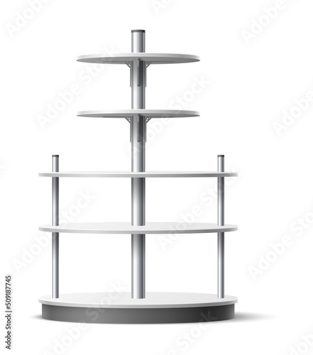 Empty shelving stand. Realistic shopping round shelves. Supermarket and stores furniture. Front view multi level racking. Shop merchandise presentation. Vector product showing rack