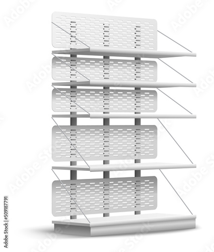 Empty store shelf. Realistic supermarket multi level rack. Isolated shop furniture. Side view sale racking. Shopping interior. Merchandise presentation. Vector showcase shelving mockup