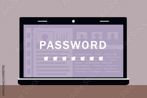 laptop computer with lock and password security access or verification code notification, flat vector illustration