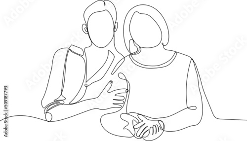 Continuous line drawing of portrait of happy old grandmother and kid girl. Spending time with their granddaughter. One continuous line is the concept