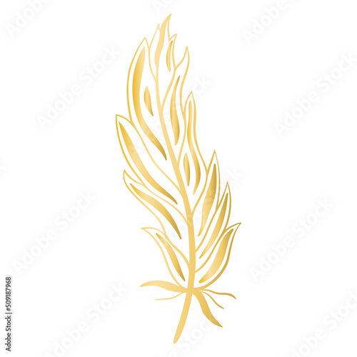 Beautiful golden painted bird feather isolated vector illustration. Gold boho element. Graceful decoration for design