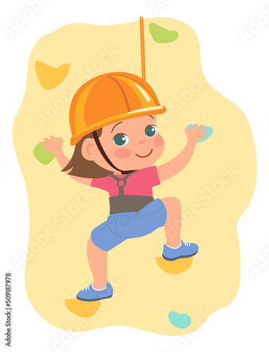 Kids climbing. Children sport activity. Teenagers clambering sheer artificial rocks. Girl clinging to mountain ledges. Extreme hobby. Mountaineering training. Vector alpinist workout