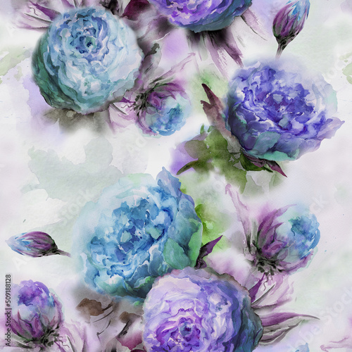 Beautiful blue roses flowers with green leaves on background. Seamless floral pattern. Watercolor painting. Hand drawn illustration.
