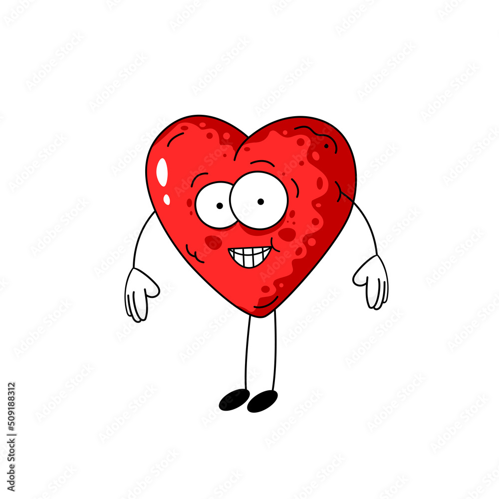 Cute cartoon red heart smiling. Vector character for your design. Concept healthy heart. Medicine illustration. Emoji and romantic.