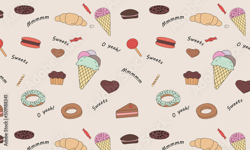 seamless pattern with bakery sweets. Vector illustration ice cream, cookies, macaroons, coffee, donuts, lollipop