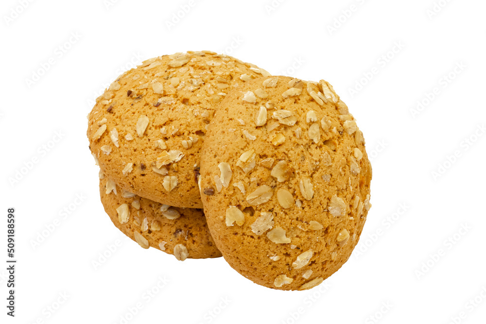 Three oatmeal cookies isolated on a white background. Three oatmeal cookies isolated on a white background.