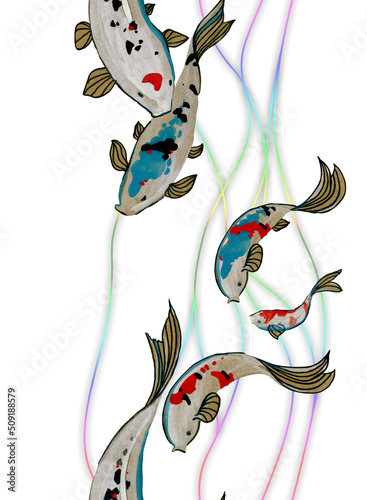 Beautiful decorative japanese carp koi fish set (Cyprinus carpio) Colorful fish on white background. Watercolor painting. Greeting cards, textile, wallpaper, bed linen design