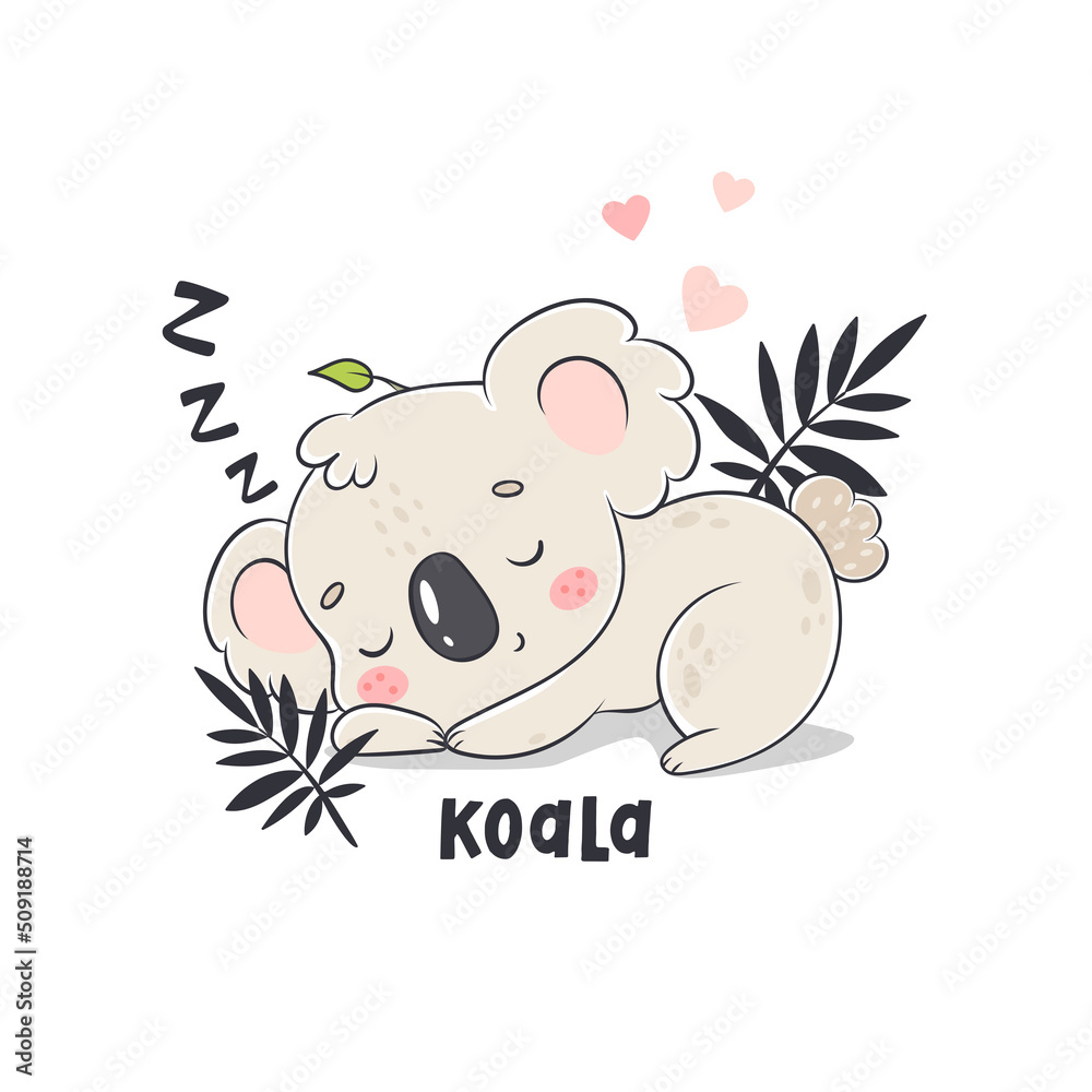 Cute sleeping koala cartoon vector illustration for posters, T-shirt ...