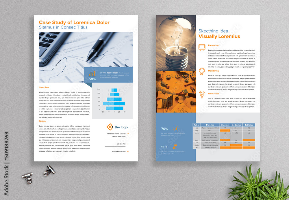 Case Study with Blue and Orange Accents Stock Template | Adobe Stock