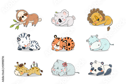 Fotografiet Cute sleeping jungle animals cartoon vector illustrations for posters, T-shirt print, postcard, stickers
