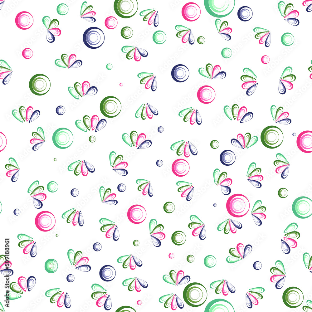 Patrón verde, fucsia y morado con círculos concéntricos y formas de mejillones