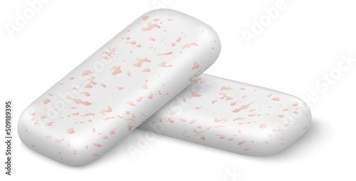 Pads chewing gum. Realistic bubblegum. Dental hygiene. Teeth care. Refreshing yummy candies with pellets. Oral freshener. Spearmint munching pills. Vector whitening chewy menthol pillows