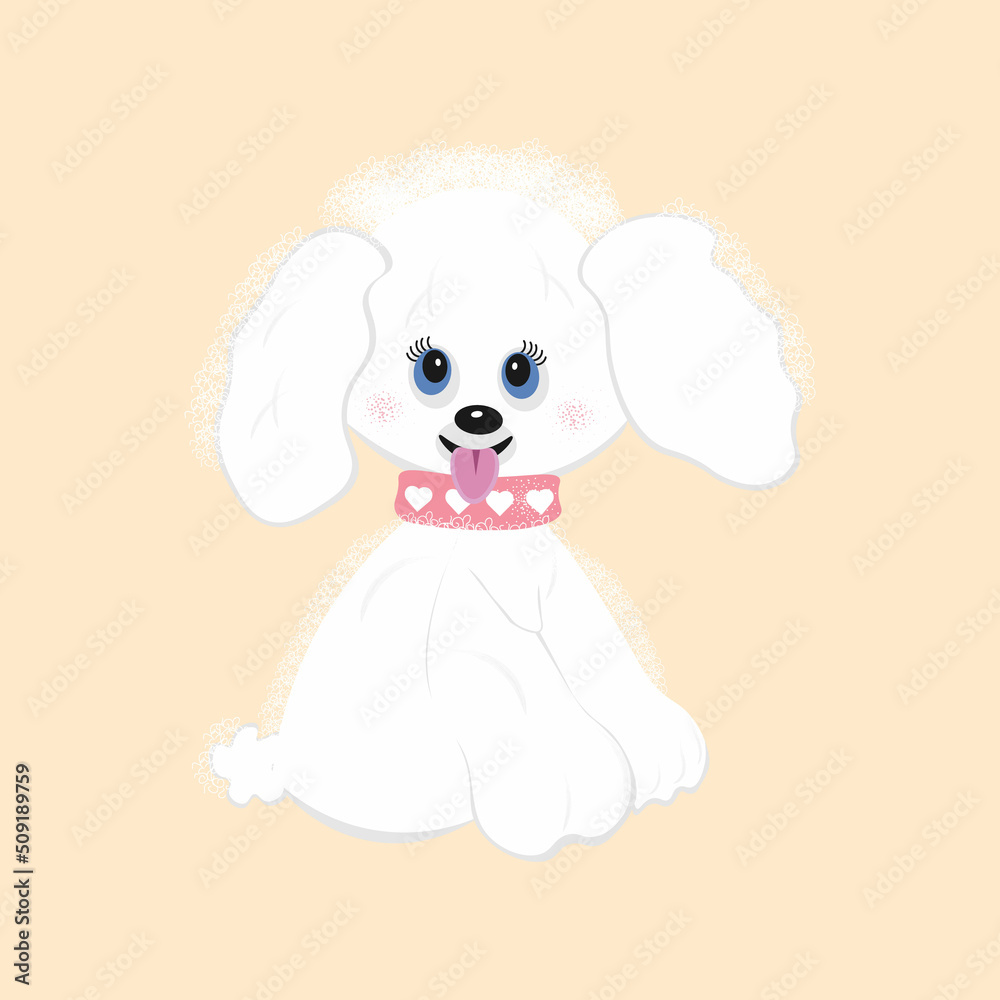 Cartoon character happy cute white dog poodle sitting, funny puppy isolated on beige background. Vector illustration in flat style. Cartoon character happy cute white dog poodle sitting, funny puppy isolated on beige background. Vector illustration in flat style.