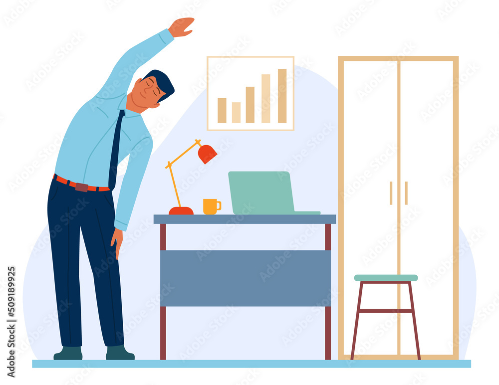 Workplace workout people. Man doing sport exercises in office. Healthy lifestyle. Workspace physical training. Worker standing in stretching position. Work break. Vector active employee