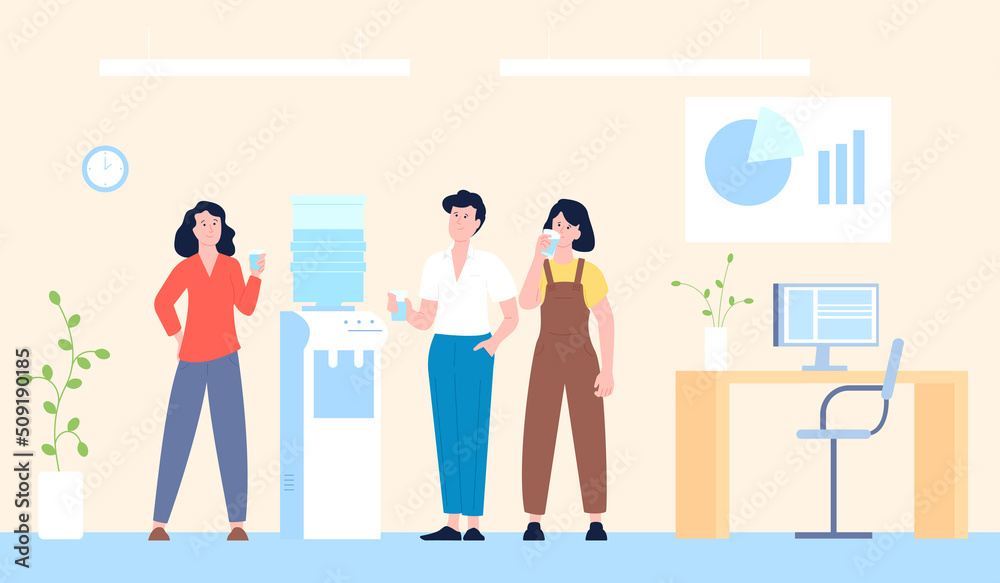 Office cooler break. Gossip workplace, business chat on lunch. People drink and talk, colleagues working. Young employee communication recent vector scene