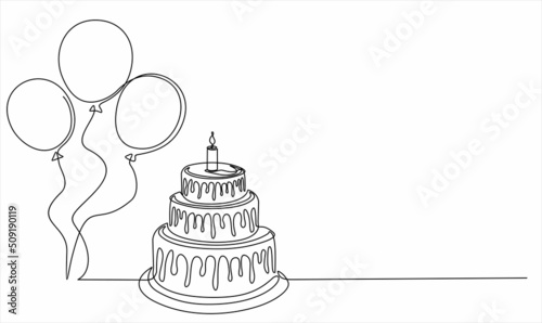 Continuous line drawing of birthday cake and balloons. Cake with sweet cream and a candle. Birthday celebration concept isolated on white background. Hand drawn design vector illustration photo