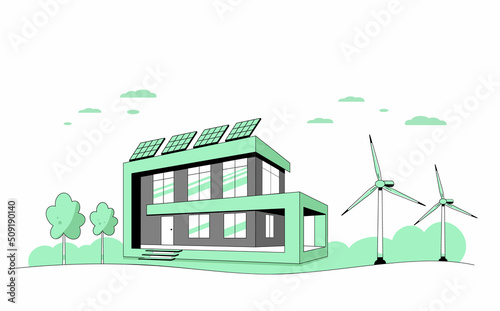 Landscape with energy-efficient house, solar panels, and wind turbines. Green Energy. Eco House, Concept banner design. Vector illustration in a flat style.