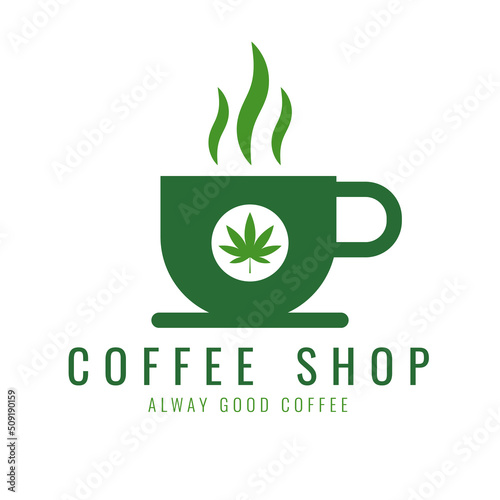 Coffee cannabis shop design logo. Concept of herb and coffee. Vector illustration.
