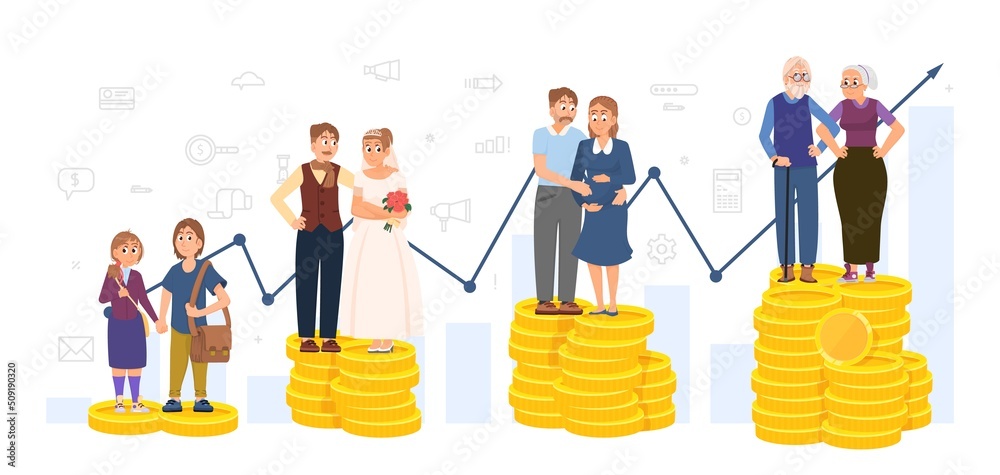 Obraz premium Retirement savings plan. Invest in self and family, rich grandparents. Planning money save, business financial management. People stand on money decent vector concept