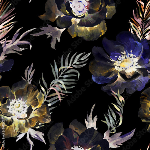 Beautiful vivid anemone flowers on black background. Seamless floral pattern. Watercolor painting. Hand drawn and painted illustration.