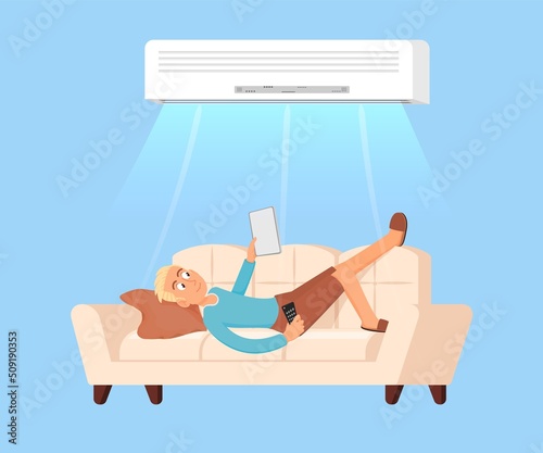 Man under air conditioning. Guy rest on sofa with tablet and cooling. Hot summer, conditioned room. Comfort climate control at heat decent vector concept