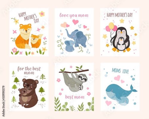 Cute animal mother day. Mothers and animals babies, mommy holiday postcards template. Neoteric cute wild cartoon children hug mom vector print