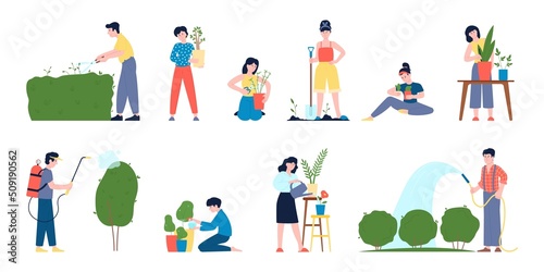 People planting home and garden plants. Ecology volunteer care greenery, recreative and transplanting greens and bush. Agriculture hobby recent vector set photo