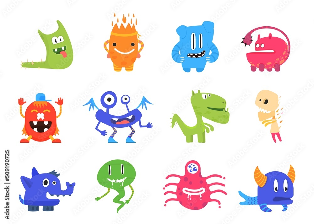 Fototapeta premium Cartoon cute monsters. Flat monster with crazy smile, silly color isolated kids characters. Funny toys, baby creatures design, decent vector kit