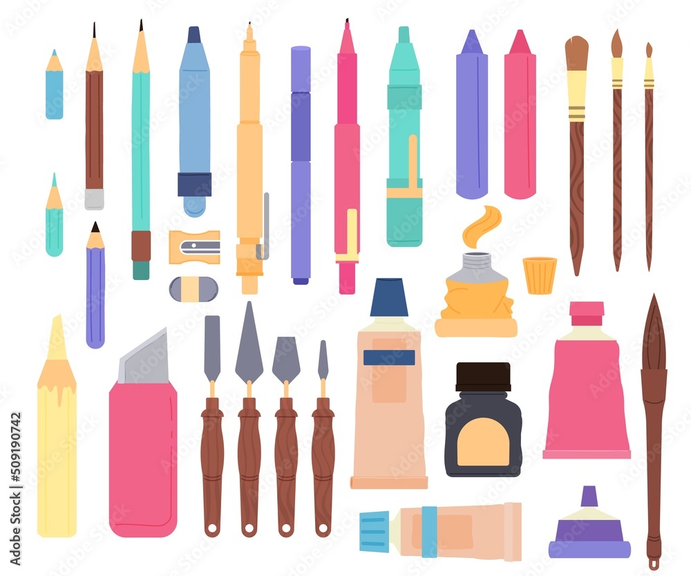 Painting supplies. Artists tools and art paint instruments. Equipment for  drawing, brushes pencil, watercolors palette. Studio decent vector bundle  Stock Vector