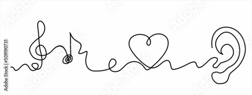 continuous line drawing of listening music wuth sound heart and note. Can used for logo, emblem, slide show and banner.