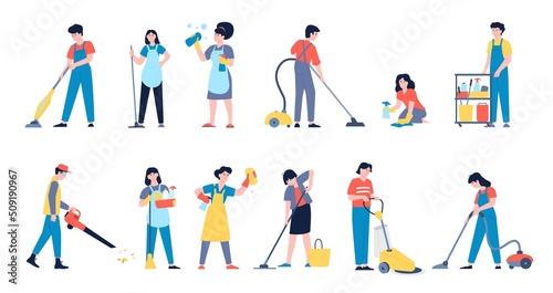 Cleaning service workers. Wash floor smiling cleaner, professional cleanliness team. Flat housekeeping staff with vacuum and tools, recent vector characters photo