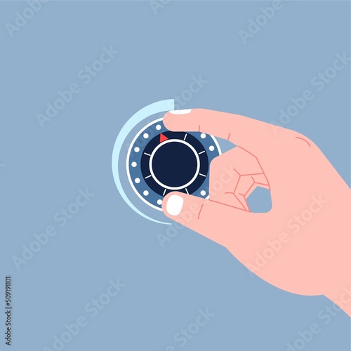 Hand turns button. Radio volume level, thermostat, technology process start. Turning knob, low and high quality. Climate control recent vector concept