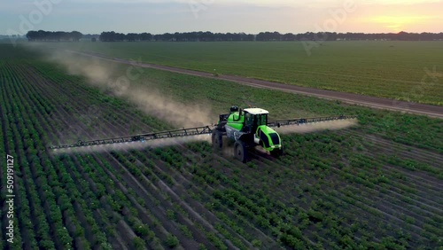Wallpaper Mural Tractor spraying potato field with sprayers using herbicides and pesticide. Farm machinery spraying insecticide. Agriculture concept. Torontodigital.ca