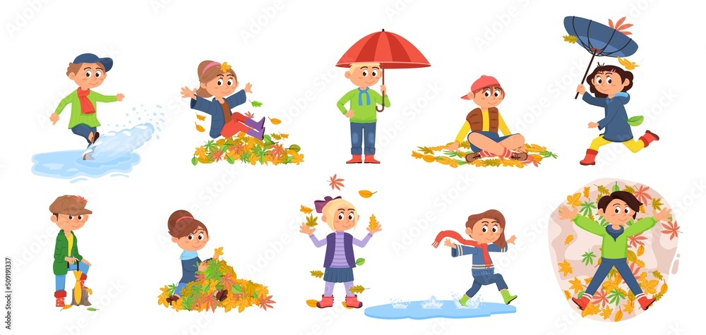 Autumn children walking. Kids play leaves and stand with umbrella. Colorful cartoon little characters gathering leaf, jump in puddle and run under rain decent vector set