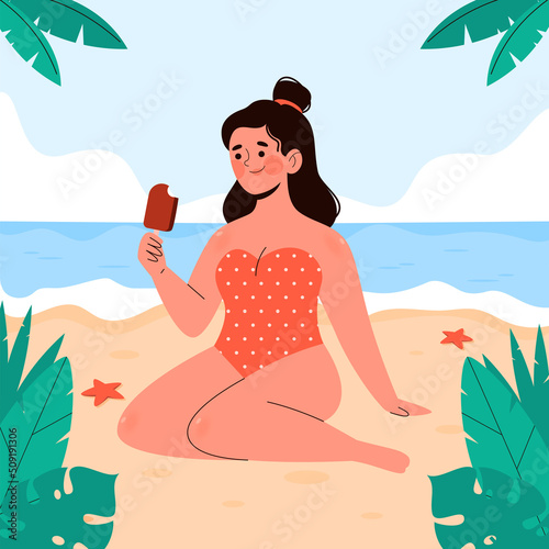 Woman in swimsuit sunbathing on the beach and eating ice cream