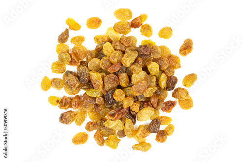 A handful (pile) of brown raisins on a white isolated background. Top view.